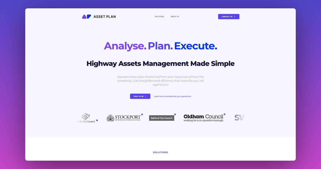 Homepage del sito web realizzato per Asset Plan (Framer)